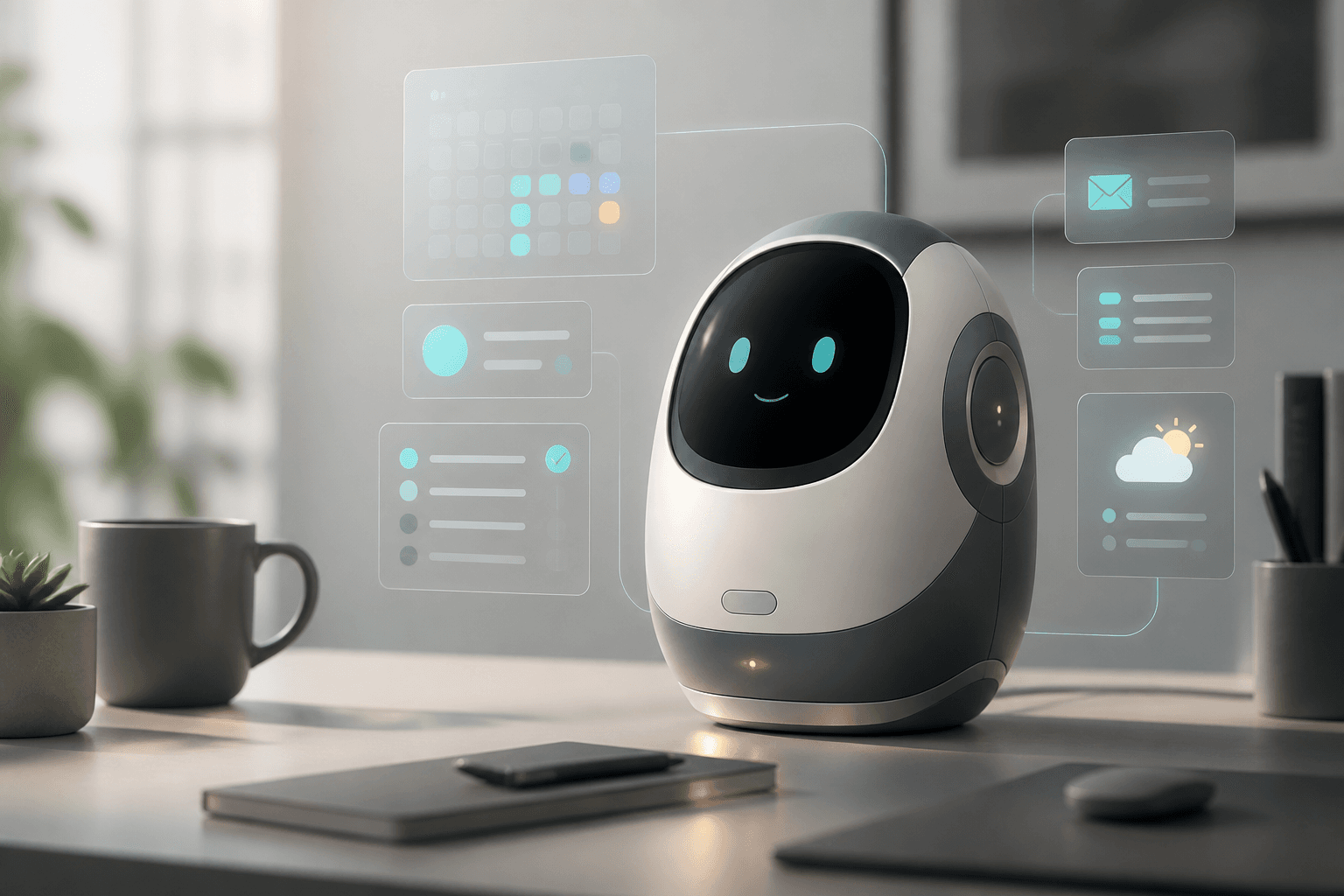 Madrugo robot at a desk with calendar, mail, tasks and weather panels